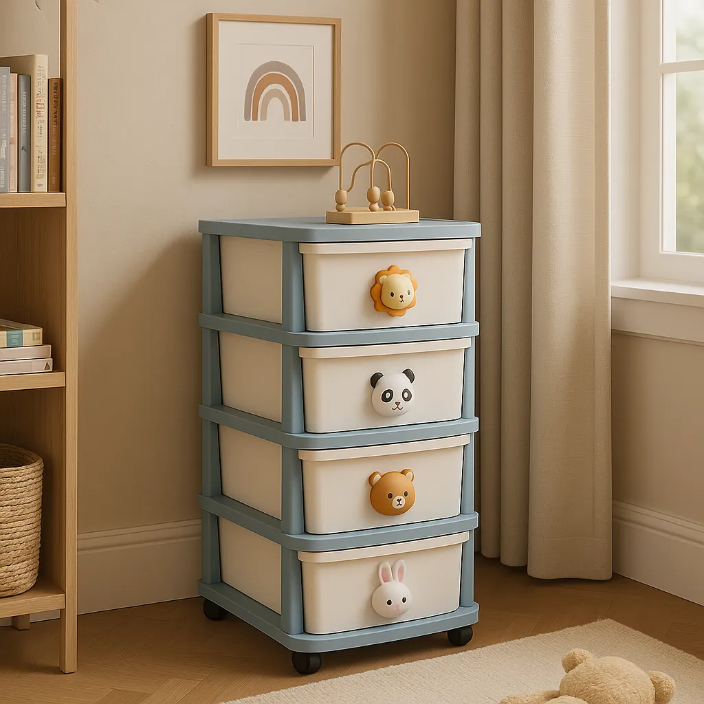 FUNKOL 15.75 in. W x 13.39 in. D x 31.50 in. H White and Blue Plastic 4-Layer Floor Drawer Cabinet with Cartoon Handles, photo 4 of 4