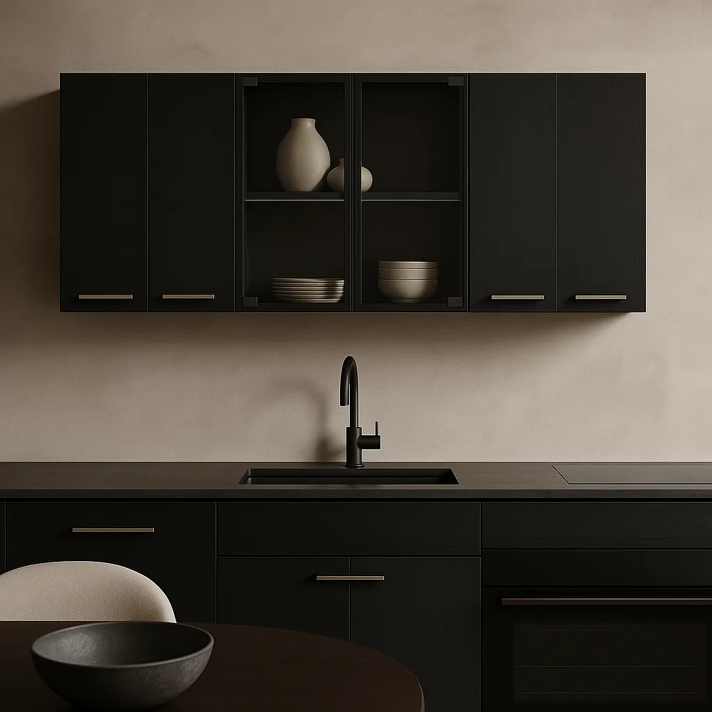 Amucolo Black Wood Wall Kitchen Cabinet with Glass Doors - 59 in. W x 12.4 in. D x 23.6 in. H, photo 3 of 4