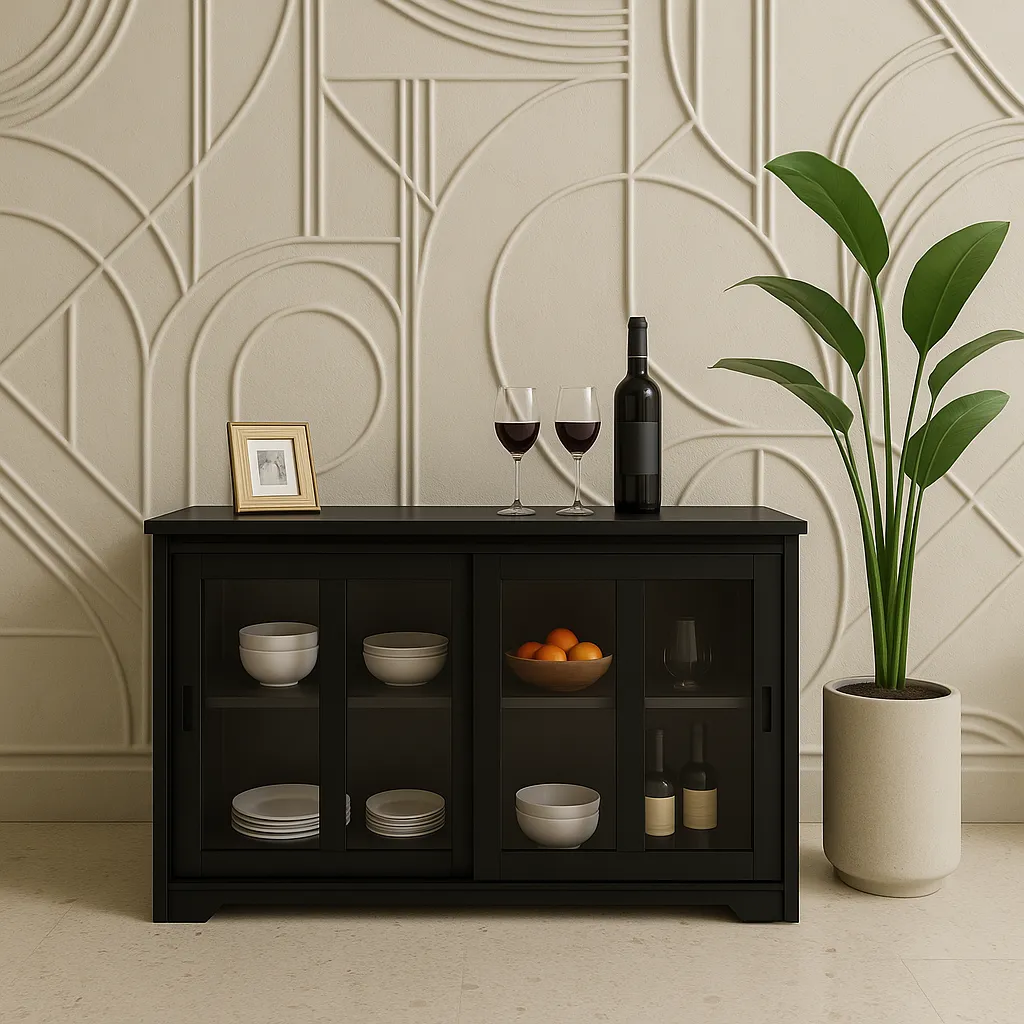 Tileon Black Kitchen Storage Cabinet Stand Cupboard With Glass Door, photo 2 of 4
