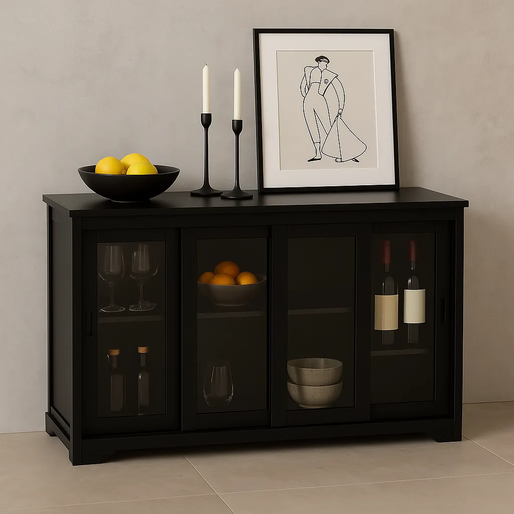 Tileon Black Kitchen Storage Cabinet Stand Cupboard With Glass Door, photo 3 of 4