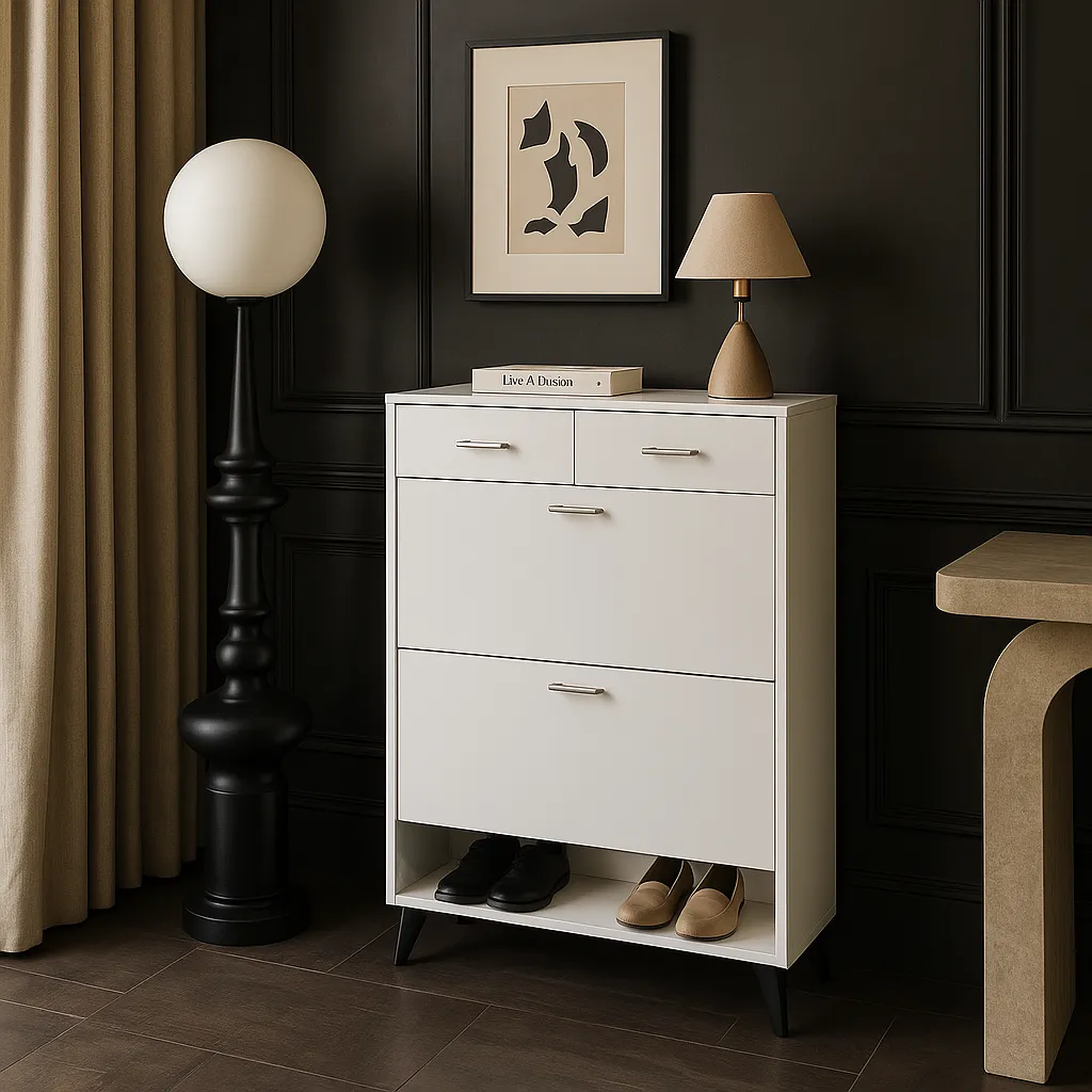 FUNKOL Freestanding Flip-Flop Shoe Cabinet in White MDF with 2 Flip-Flop Drawers and 2 Drawers, photo 2 of 4