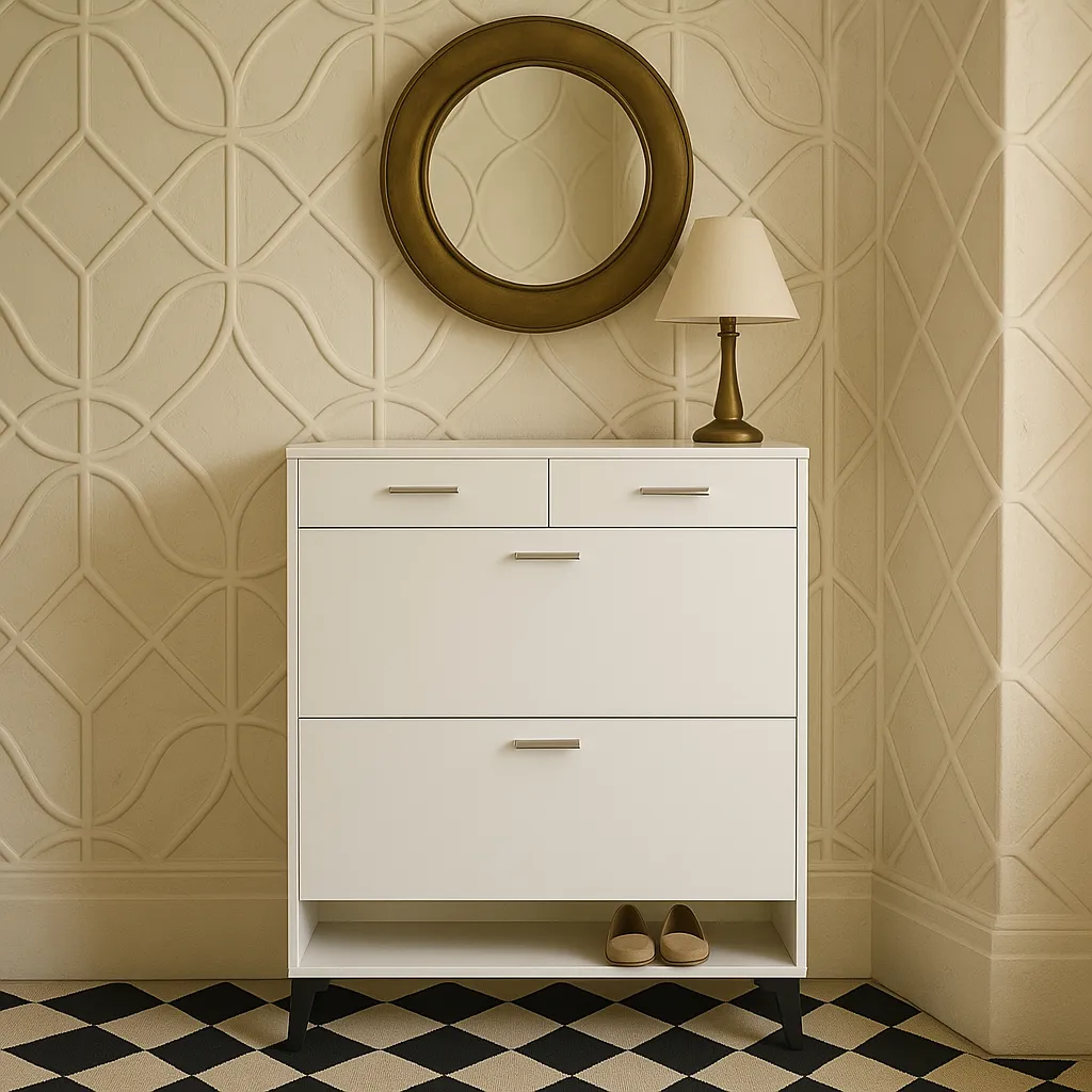 FUNKOL Freestanding Flip-Flop Shoe Cabinet in White MDF with 2 Flip-Flop Drawers and 2 Drawers, photo 3 of 4