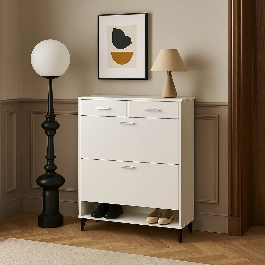 FUNKOL Freestanding Flip-Flop Shoe Cabinet in White MDF with 2 Flip-Flop Drawers and 2 Drawers, photo 4 of 4