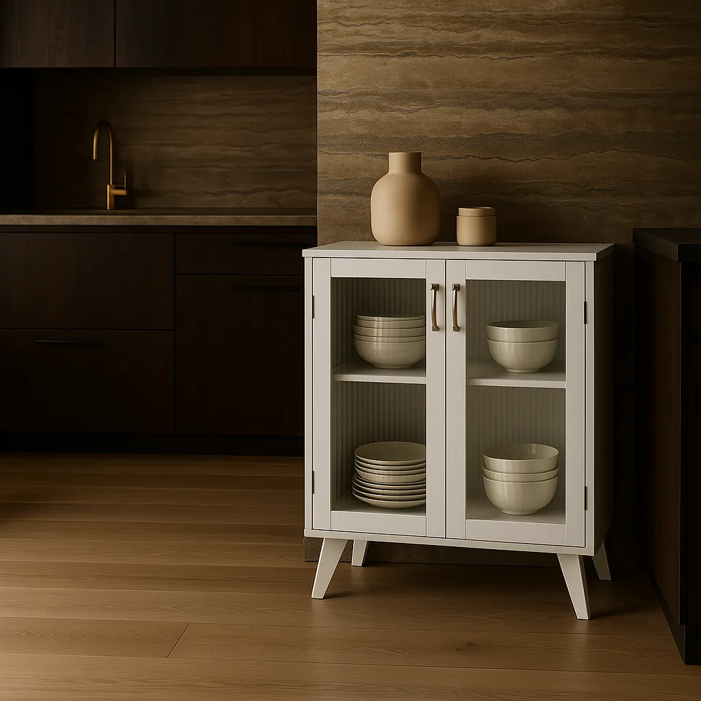 FUNKOL White Particleboard Kitchen Cabinet with Glass Doors and Adjustable Shelves, photo 2 of 4