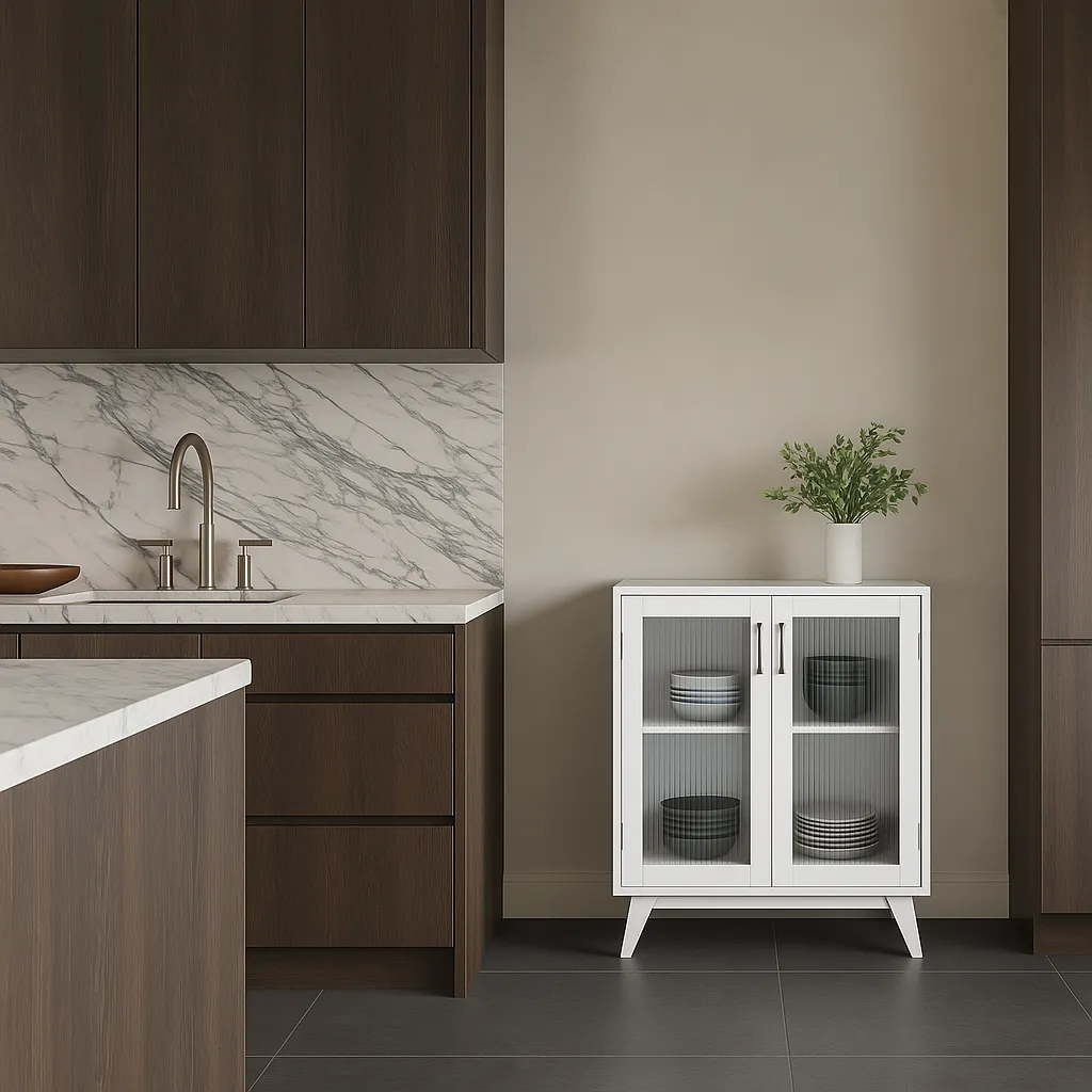 FUNKOL White Particleboard Kitchen Cabinet with Glass Doors and Adjustable Shelves, photo 4 of 4