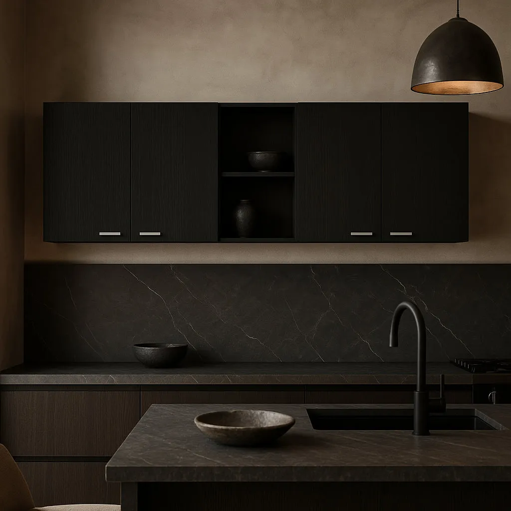 Amucolo Black Wood Wall Kitchen Cabinet with Shelves and Four Doors, photo 2 of 4