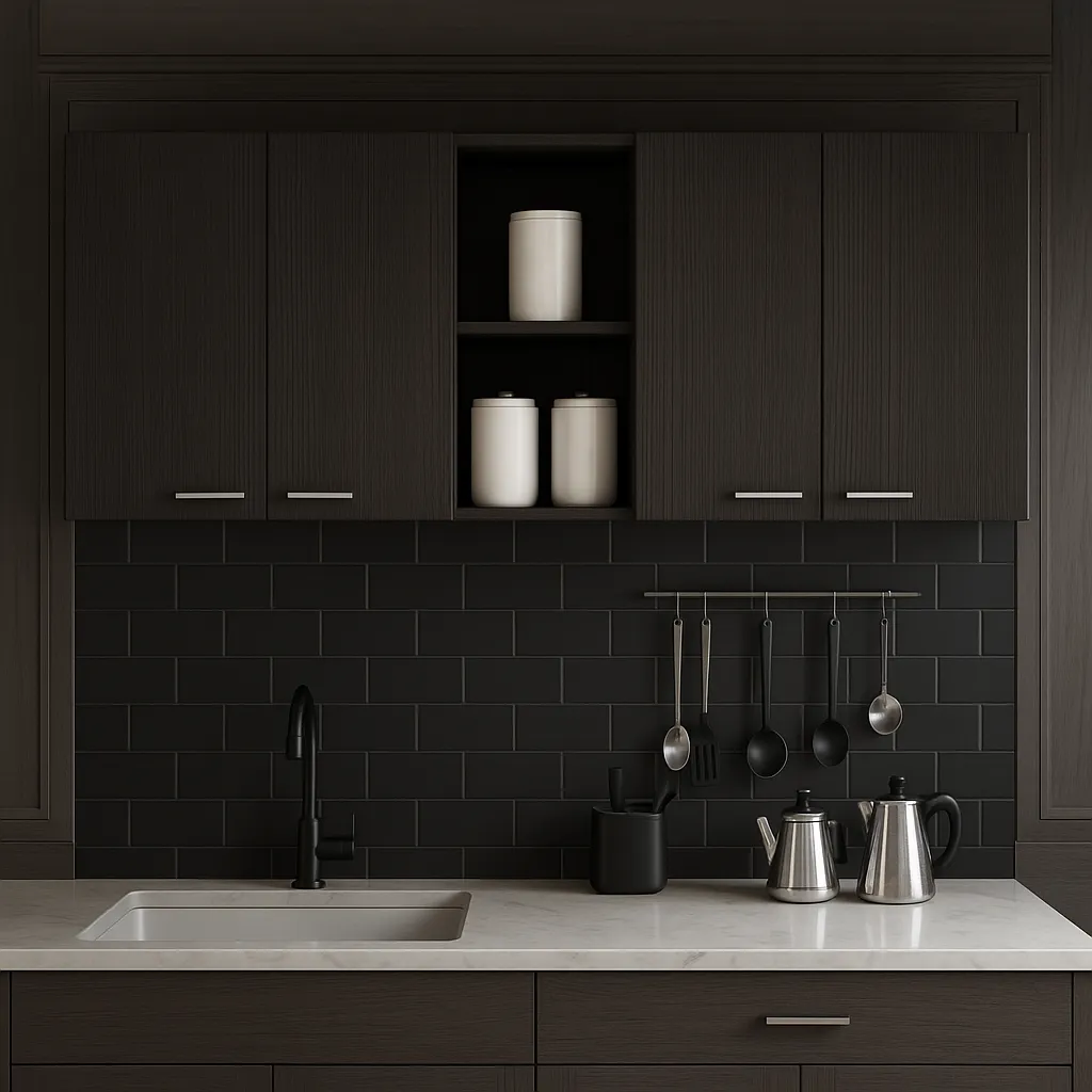 Amucolo Black Wood Wall Kitchen Cabinet with Shelves and Four Doors, photo 3 of 4