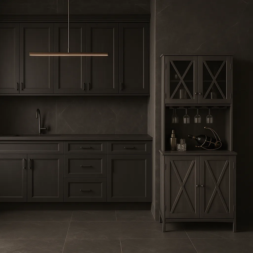 FUNKOL Charcoal Gray Kitchen Cabinet with Wine Rack and Glass Doors, photo 4 of 4