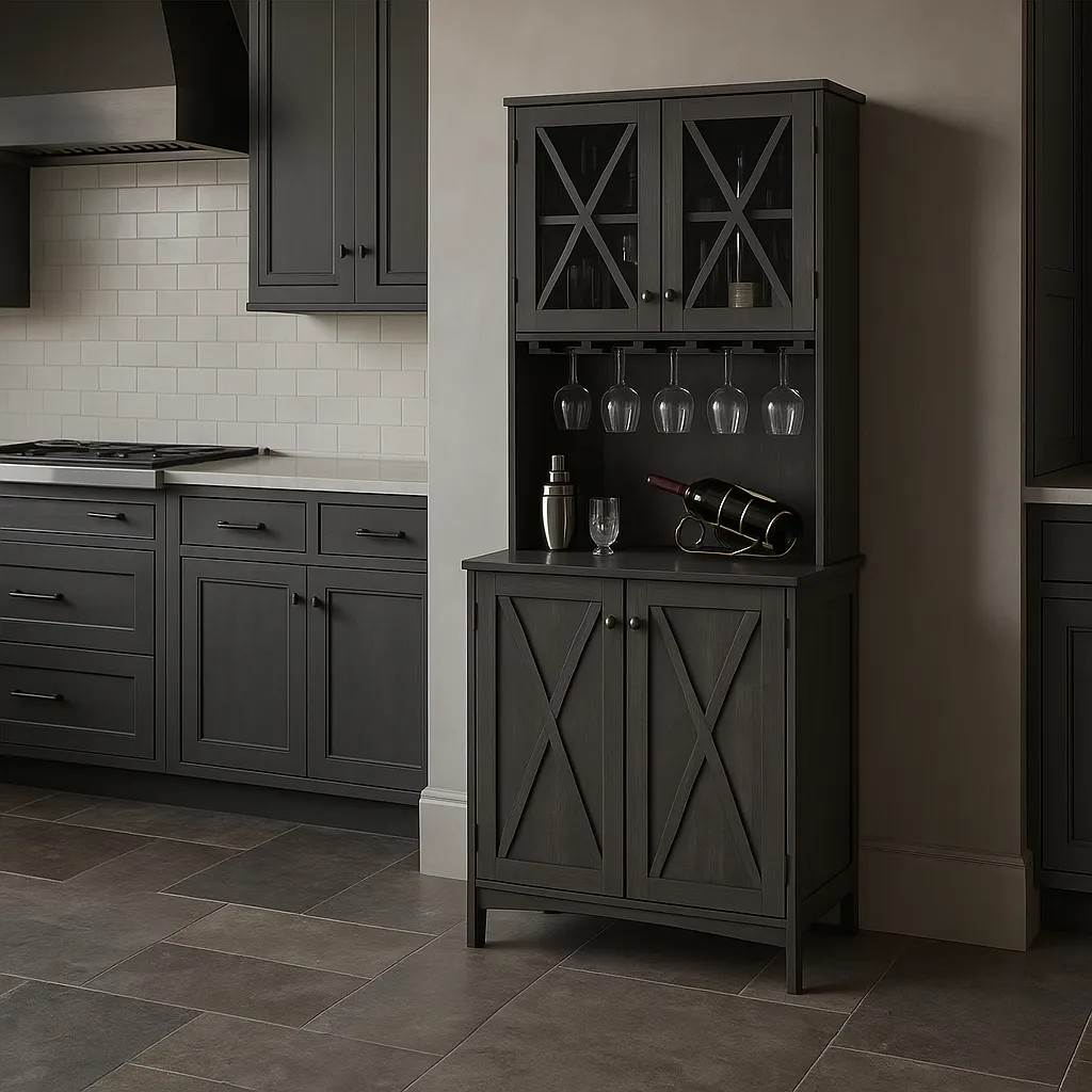 FUNKOL Charcoal Gray Kitchen Cabinet with Wine Rack and Glass Doors, photo 2 of 4