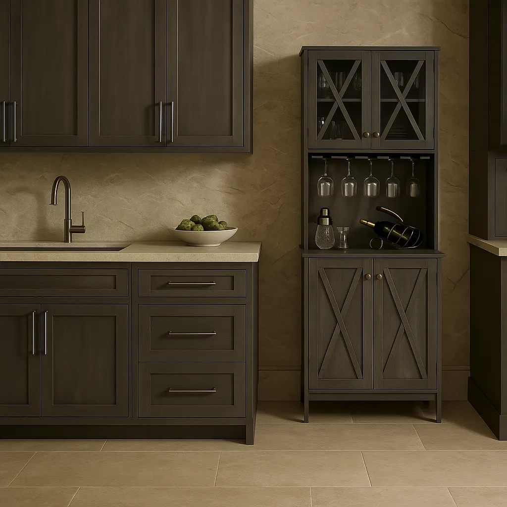 FUNKOL Charcoal Gray Kitchen Cabinet with Wine Rack and Glass Doors, photo 3 of 4
