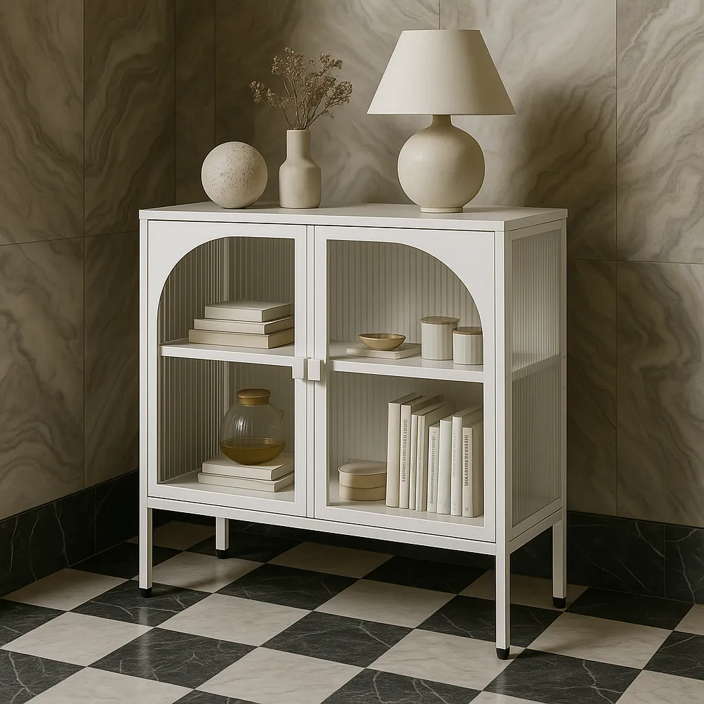 FUNKOL White Metal Storage Cabinet with Glass Doors and Adjustable Shelves, photo 2 of 4