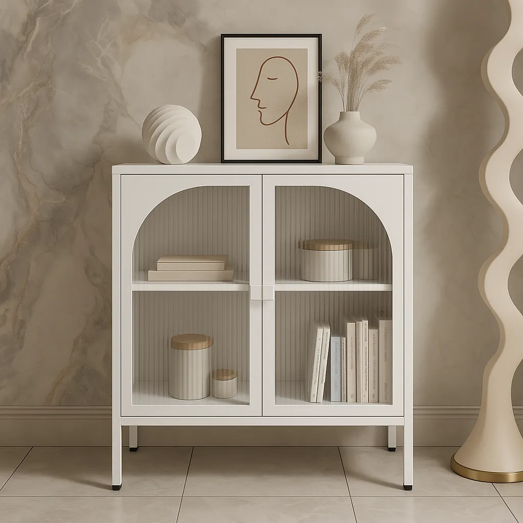 FUNKOL White Metal Storage Cabinet with Glass Doors and Adjustable Shelves, photo 3 of 4