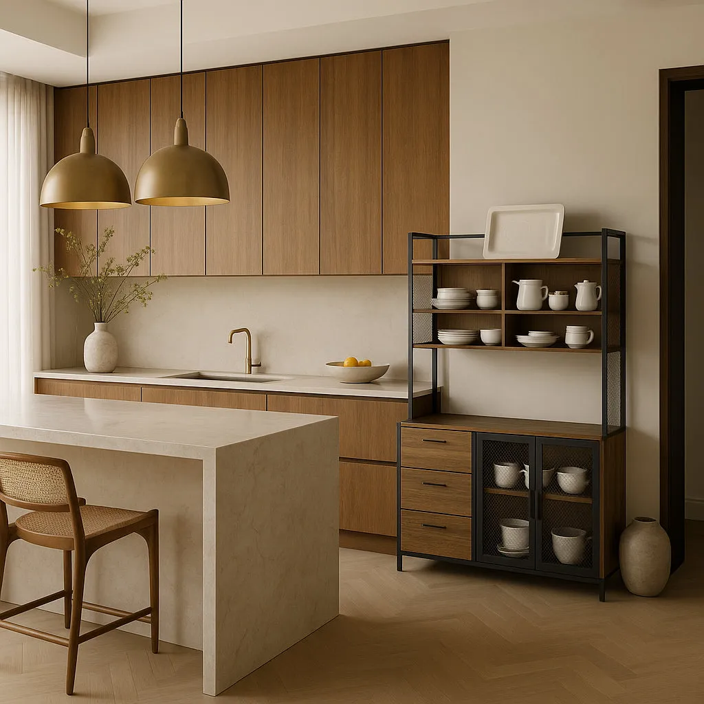FUFU&GAGA Brown Wood Kitchen Cabinet with Metal Mesh Doors, 3 Drawers, 6 Shelves, photo 2 of 4