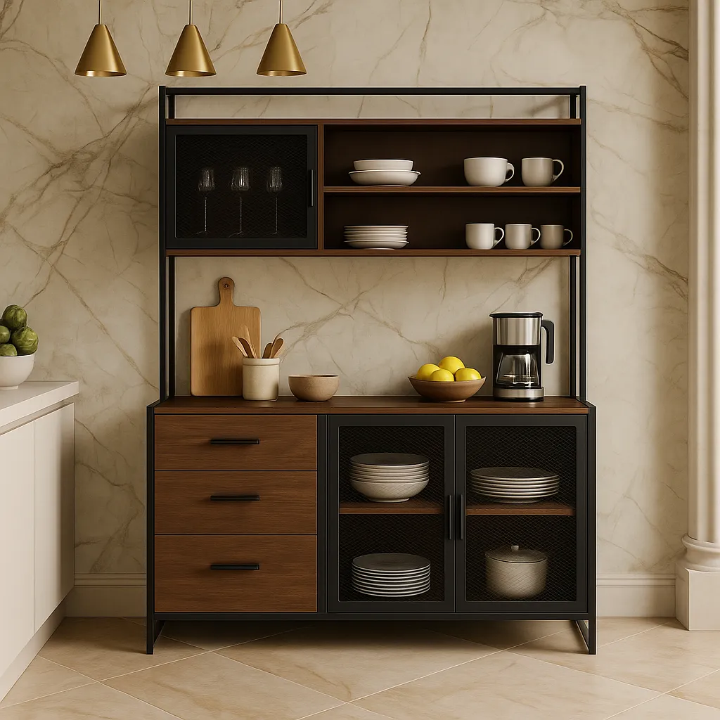 FUFU&GAGA Brown Wood Kitchen Cabinet with Metal Mesh Doors, 3 Drawers, 6 Shelves, photo 4 of 4