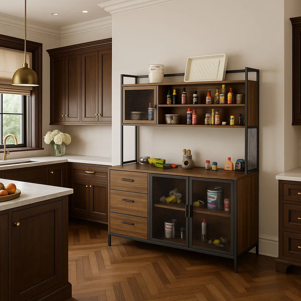 FUFU&GAGA Brown Wood Kitchen Cabinet with Metal Mesh Doors, 3 Drawers, 6 Shelves, photo 3 of 4