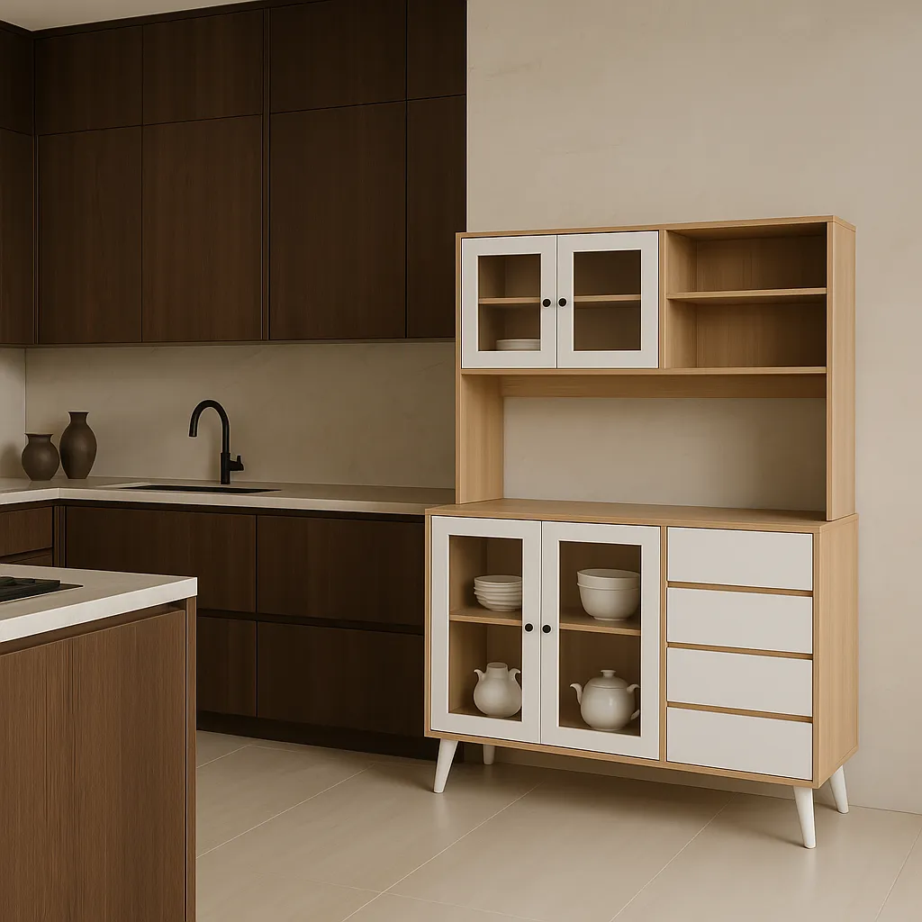 FUFU&GAGA Light Brown Pantry Kitchen Cabinet with Hutch, Glass Doors, 4 Drawers, Hooks, photo 3 of 4