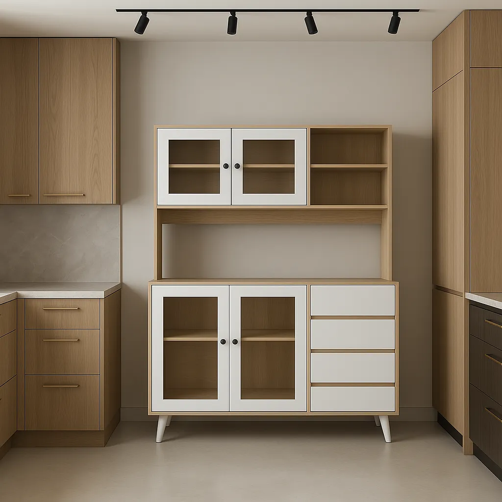 FUFU&GAGA Light Brown Pantry Kitchen Cabinet with Hutch, Glass Doors, 4 Drawers, Hooks, photo 2 of 4