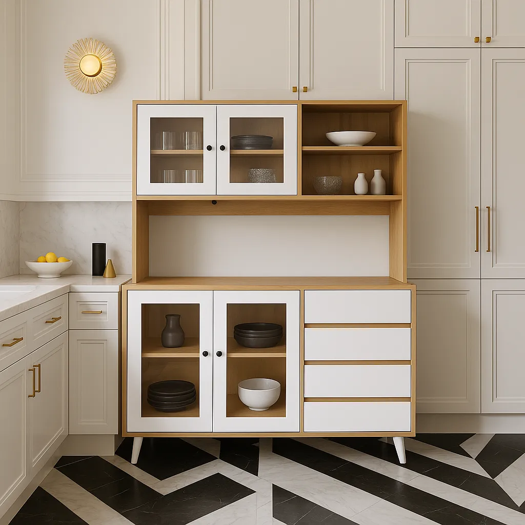 FUFU&GAGA Light Brown Pantry Kitchen Cabinet with Hutch, Glass Doors, 4 Drawers, Hooks, photo 4 of 4