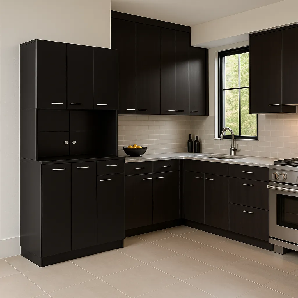 Tileon Black Wood Freestanding Kitchen Cabinet with 6 Doors and 1 Drawer, photo 3 of 4