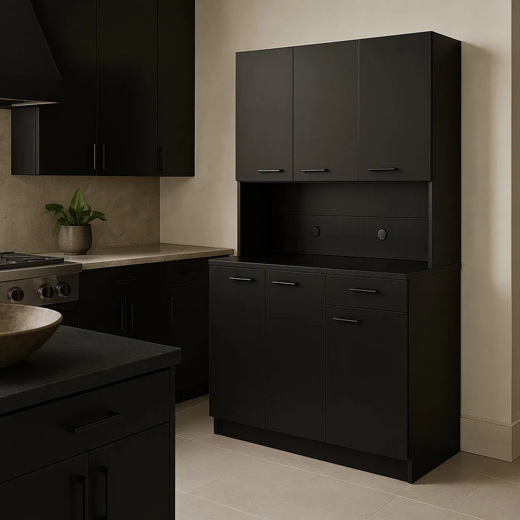 Tileon Black Wood Freestanding Kitchen Cabinet with 6 Doors and 1 Drawer, photo 2 of 4