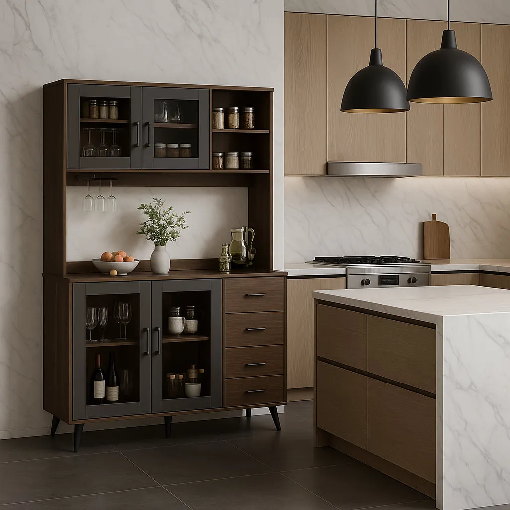 FUFU&GAGA Large Kitchen Pantry Cabinet Buffet with 4-Drawers, Hooks, Open Shelves, and Glass Doors, photo 2 of 4