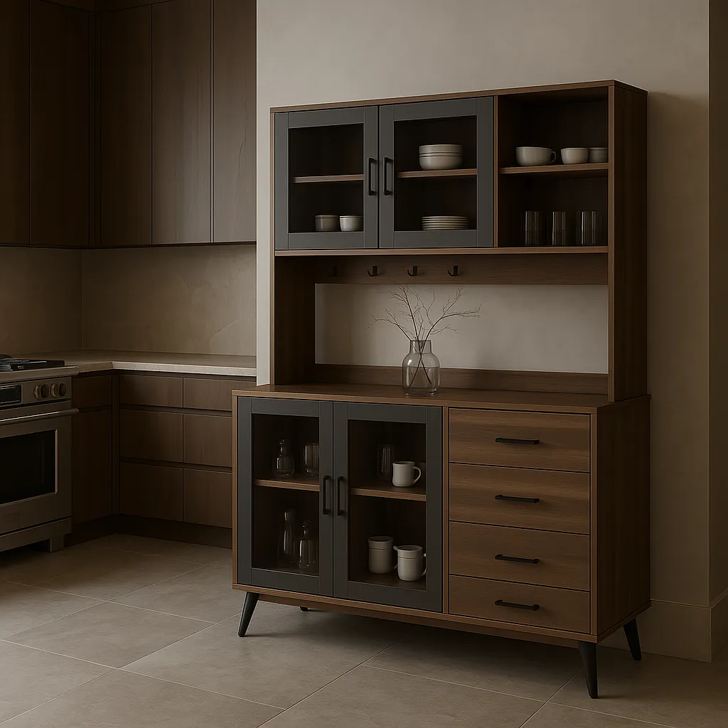 FUFU&GAGA Large Kitchen Pantry Cabinet Buffet with 4-Drawers, Hooks, Open Shelves, and Glass Doors, photo 3 of 4