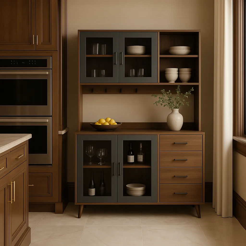 FUFU&GAGA Large Kitchen Pantry Cabinet Buffet with 4-Drawers, Hooks, Open Shelves, and Glass Doors, photo 4 of 4
