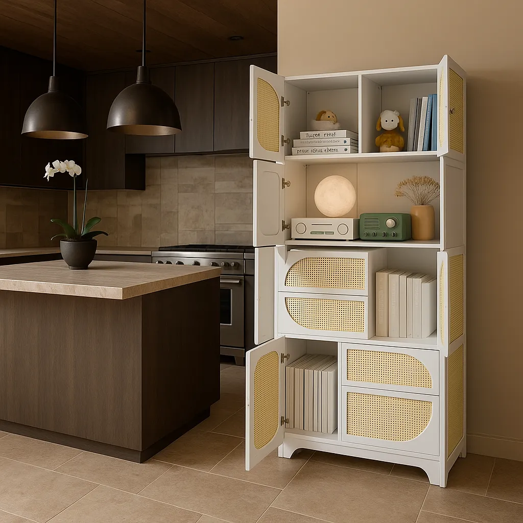 Tatayosi White Storage Cabinet with Rattan Doors, 71" Pantry Hutch Cabinet, photo 2 of 4