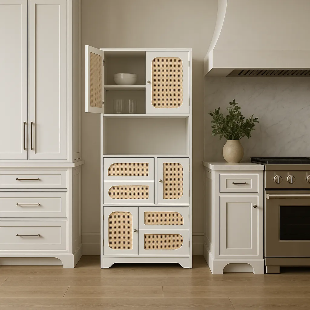 Tatayosi White Storage Cabinet with Rattan Doors, 71" Pantry Hutch Cabinet, photo 4 of 4