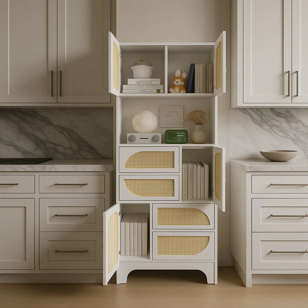 Tatayosi White Storage Cabinet with Rattan Doors, 71" Pantry Hutch Cabinet, photo 3 of 4
