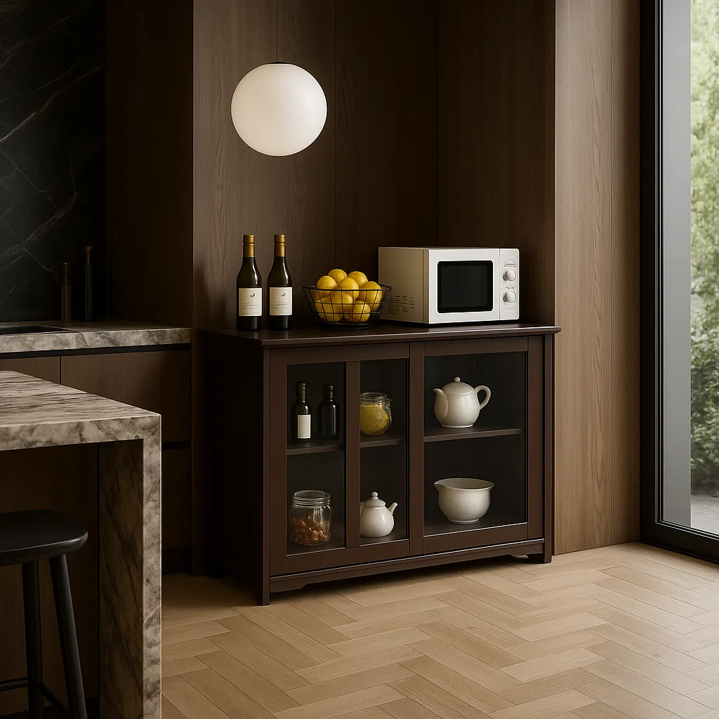 Bunpeony Brown Wooden Pantry Cabinet with Glass Sliding Doors - 42" x 24.5" x 13", photo 3 of 4