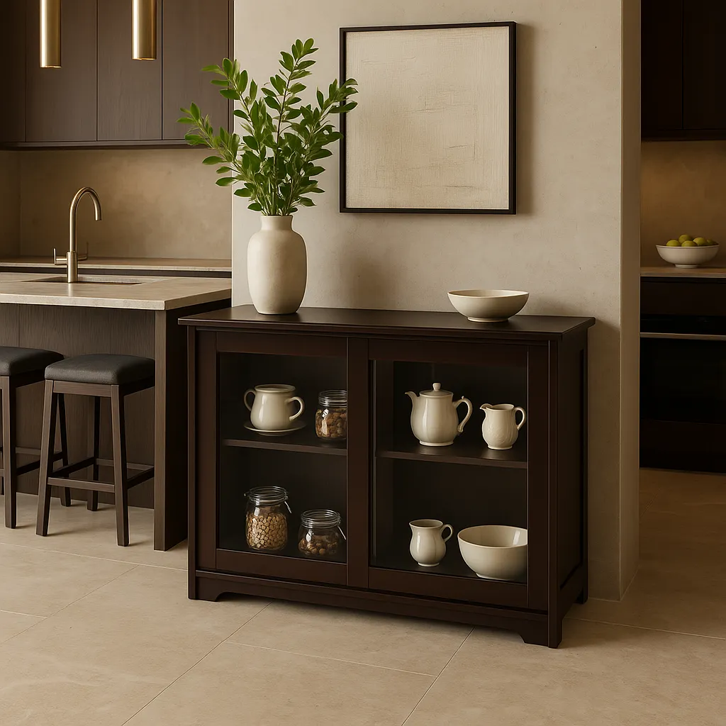 Bunpeony Brown Wooden Pantry Cabinet with Glass Sliding Doors - 42" x 24.5" x 13", photo 4 of 4