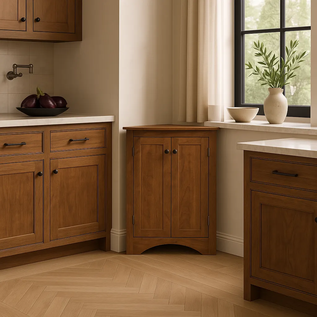 Zeus & Ruta Corner Cabinet with Adjustable Shelves, Brown MDF, 17.2" x 17.2" x 31.5", photo 3 of 4