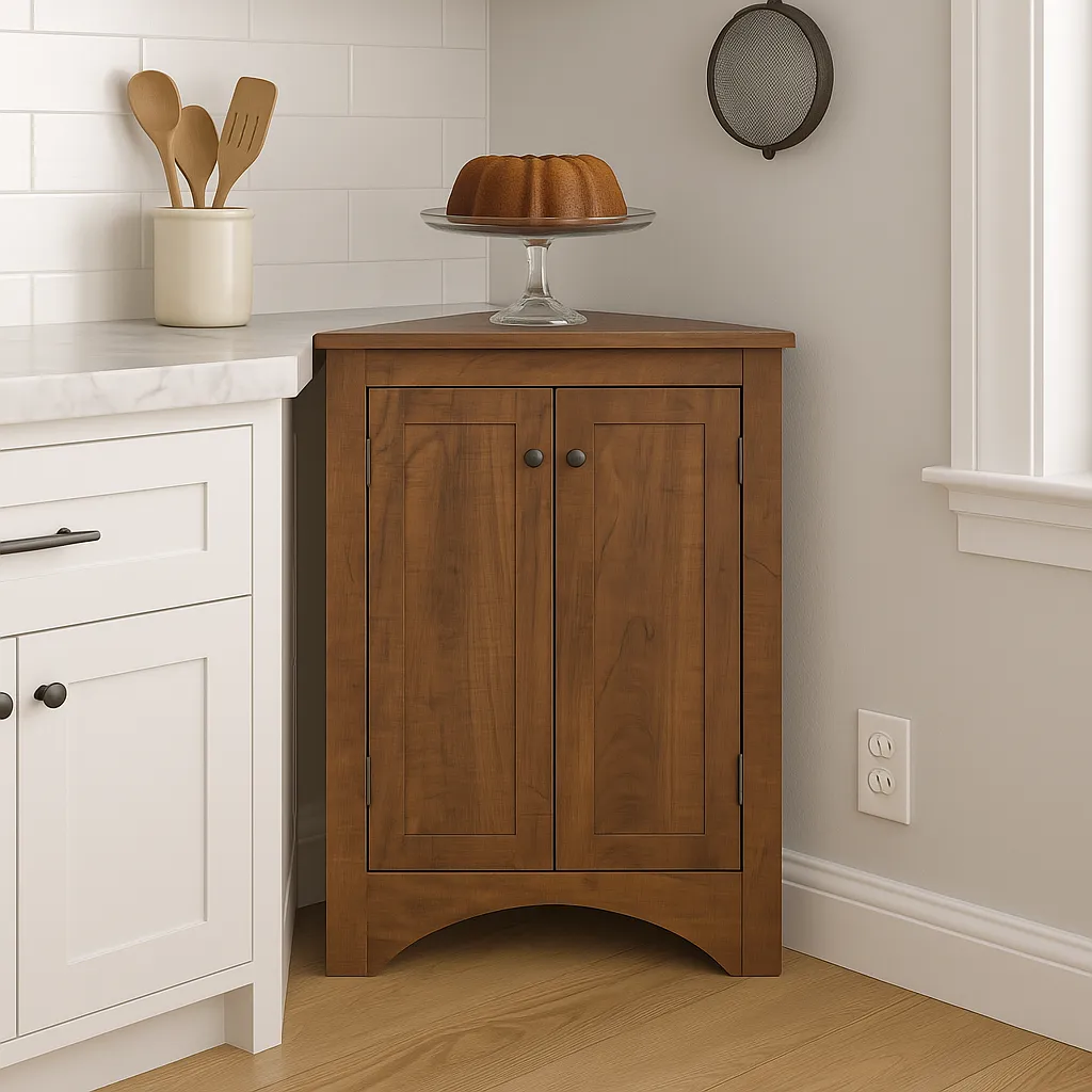 Zeus & Ruta Corner Cabinet with Adjustable Shelves, Brown MDF, 17.2" x 17.2" x 31.5", photo 4 of 4