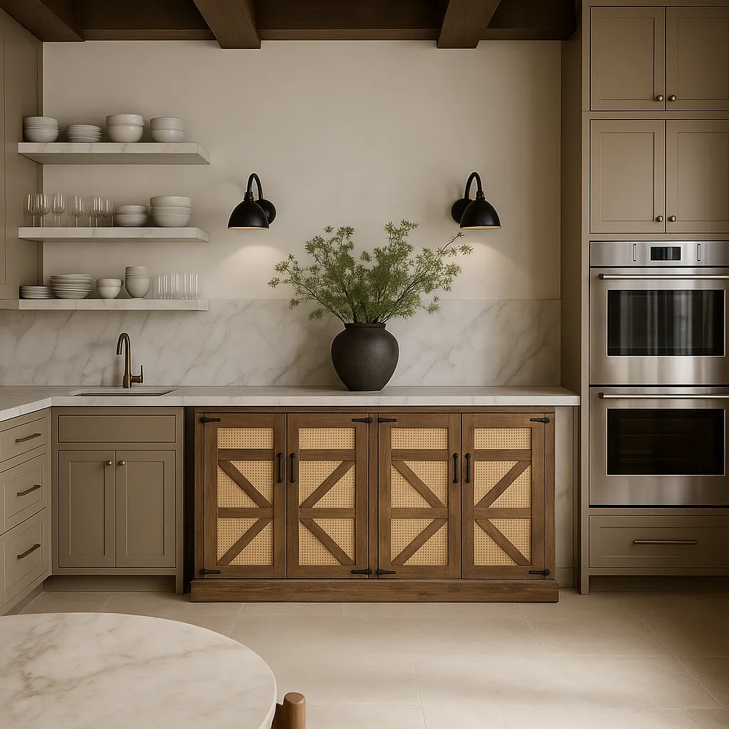FUNKOL Oak Wooden Faux Rattan Wine Cooler with Adjustable Shelves, photo 2 of 4