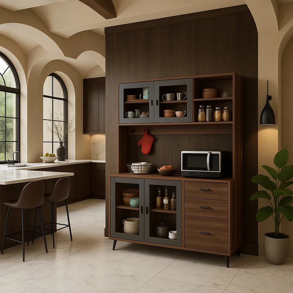 FUFU&GAGA Brown Pantry Kitchen Cabinet Buffet with Hutch, 4-Drawers, Glass Doors, photo 2 of 4