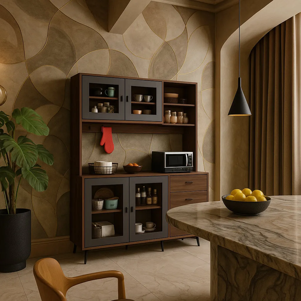 FUFU&GAGA Brown Pantry Kitchen Cabinet Buffet with Hutch, 4-Drawers, Glass Doors, photo 3 of 4