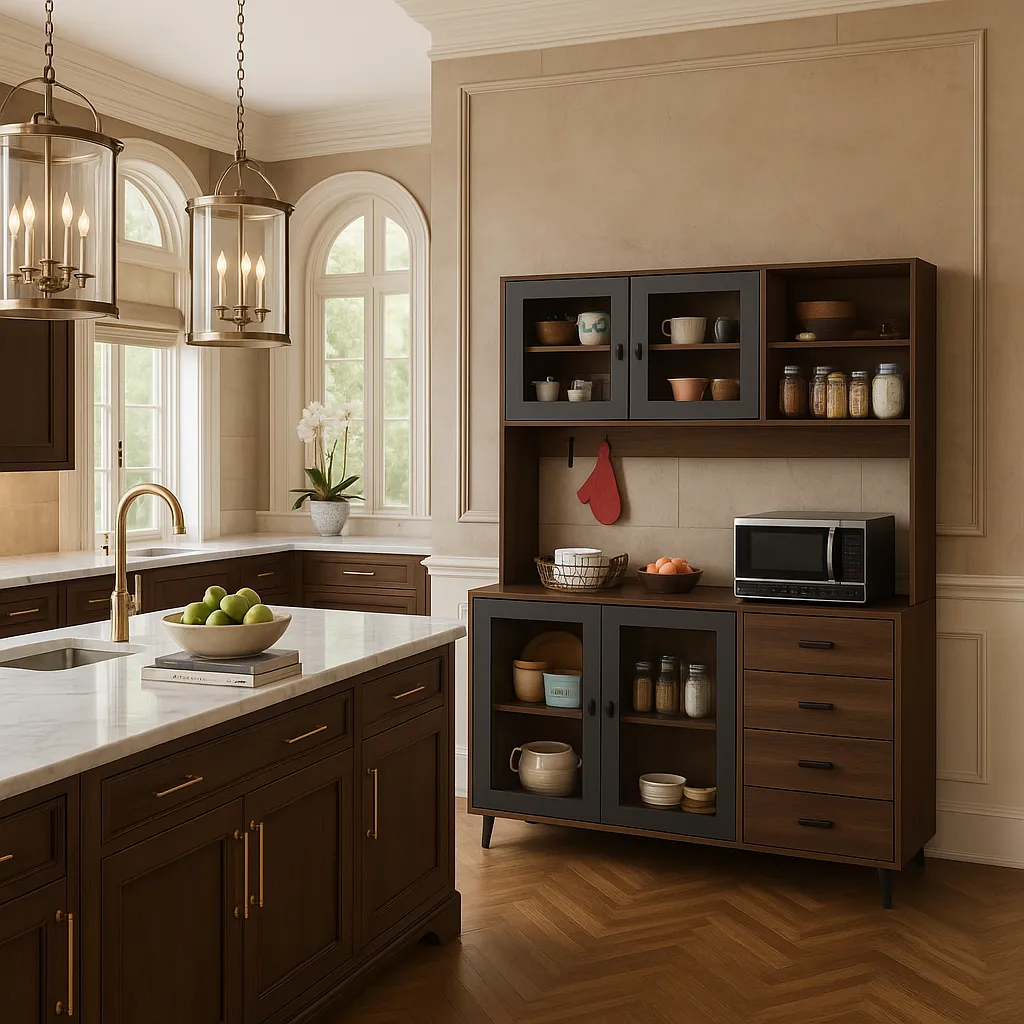 FUFU&GAGA Brown Pantry Kitchen Cabinet Buffet with Hutch, 4-Drawers, Glass Doors, photo 4 of 4