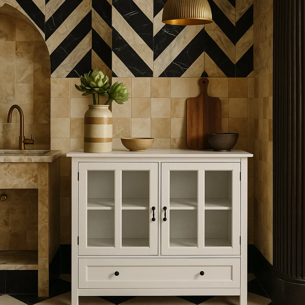 Tileon White MDF Cabinet with Glass Doors - 41.34" W x 15.55" D x 35.43" H, photo 3 of 4