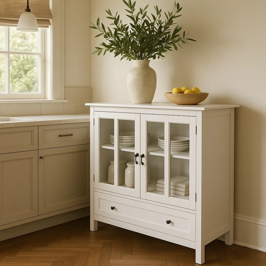 Tileon White MDF Cabinet with Glass Doors - 41.34" W x 15.55" D x 35.43" H, photo 4 of 4