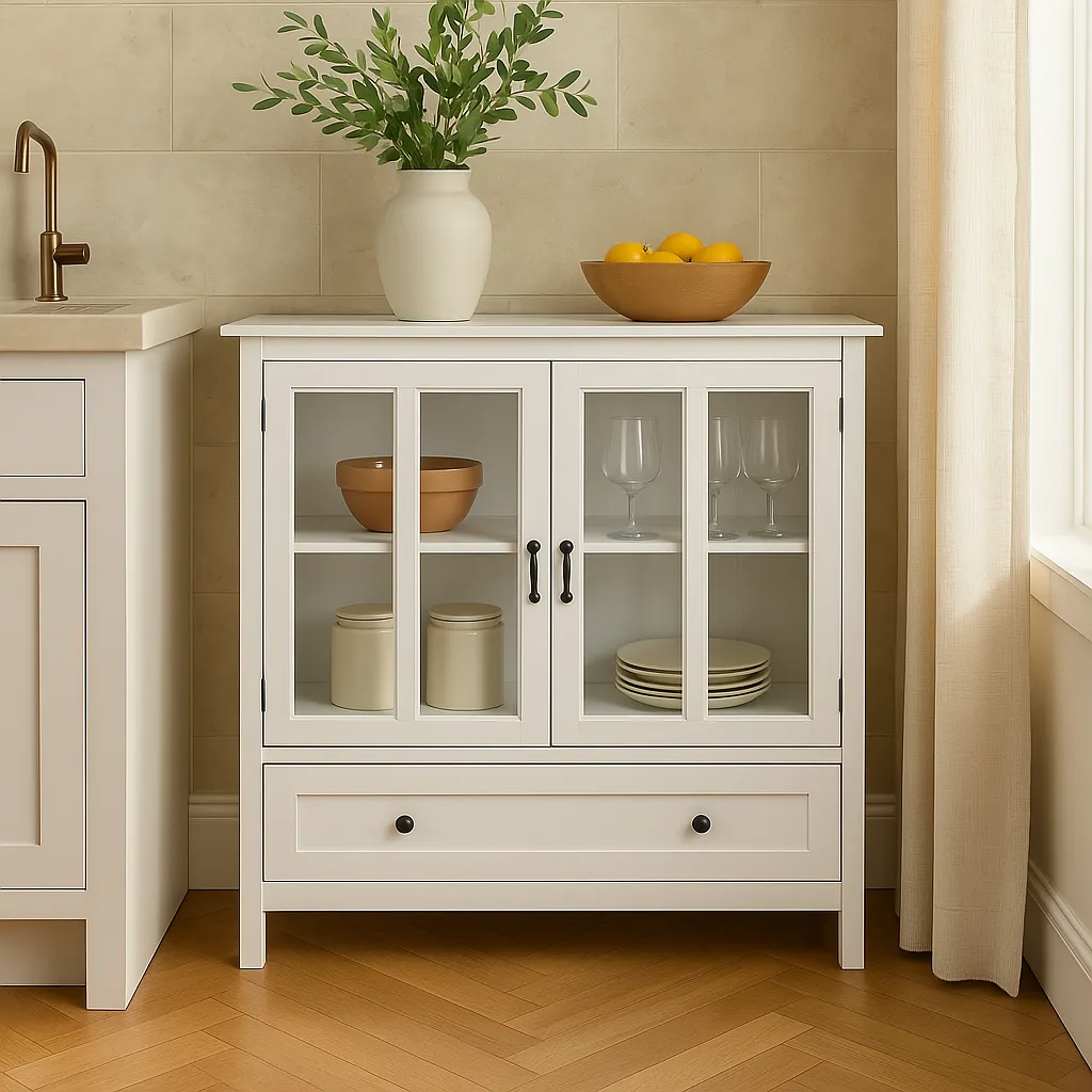 Tileon White MDF Cabinet with Glass Doors - 41.34" W x 15.55" D x 35.43" H, photo 2 of 4