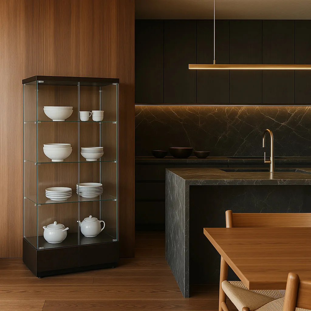 FUNKOL 4-Shelf Wooden Base Display Cabinet with Glass Doors, Black, photo 2 of 4