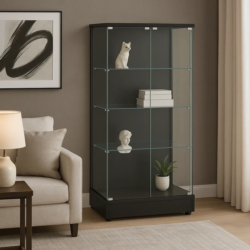FUNKOL 4-Shelf Wooden Base Display Cabinet with Glass Doors, Black, photo 3 of 4