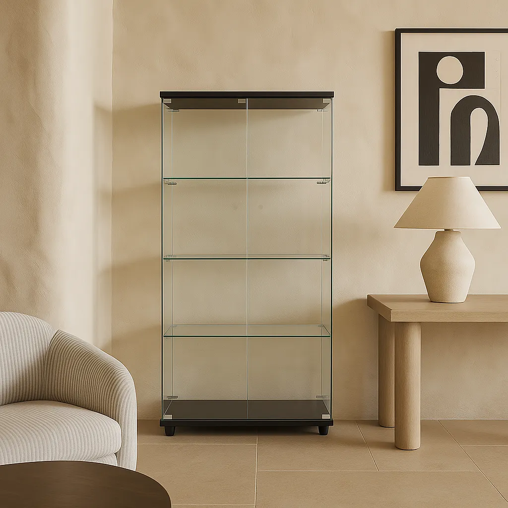 FUNKOL 4-Shelf Wooden Base Display Cabinet with Glass Doors, Black, photo 4 of 4