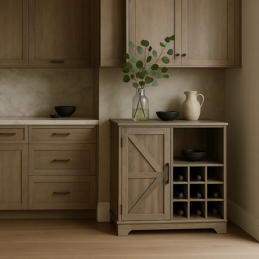 FUNKOL Gray MDF Kitchen Cabinet with 2 Drawers, 1 Door, and 12 Wine Racks, photo 3 of 4