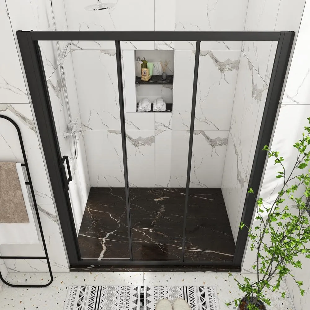 60 in. W x 70 in. H Sliding Semi-Frameless Shower Door in Matte Black Finish with Clear Glass, photo 6 of 10