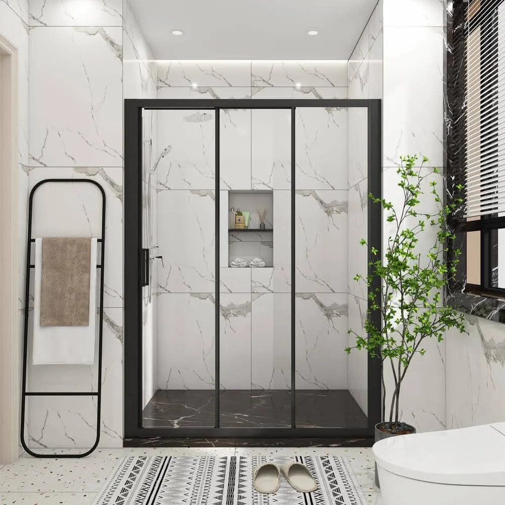 60 in. W x 70 in. H Sliding Semi-Frameless Shower Door in Matte Black Finish with Clear Glass, photo 10 of 10