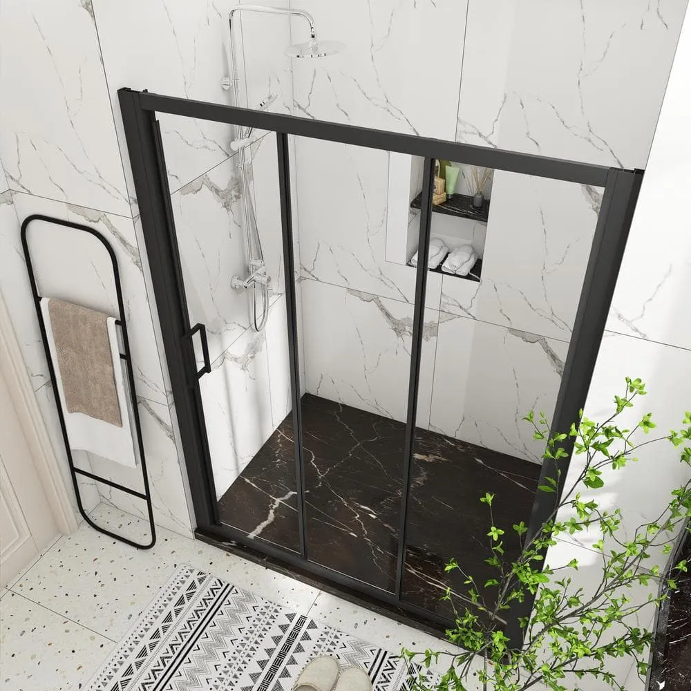 60 in. W x 70 in. H Sliding Semi-Frameless Shower Door in Matte Black Finish with Clear Glass, photo 7 of 10
