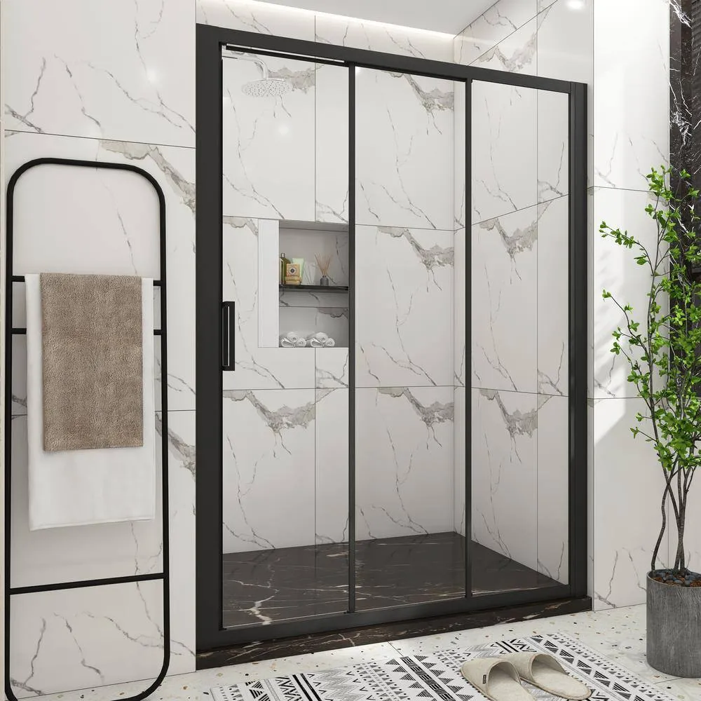 60 in. W x 70 in. H Sliding Semi-Frameless Shower Door in Matte Black Finish with Clear Glass, photo 5 of 10