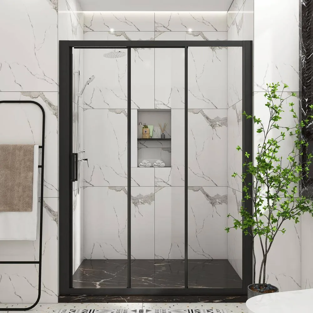 60 in. W x 70 in. H Sliding Semi-Frameless Shower Door in Matte Black Finish with Clear Glass, photo 4 of 10
